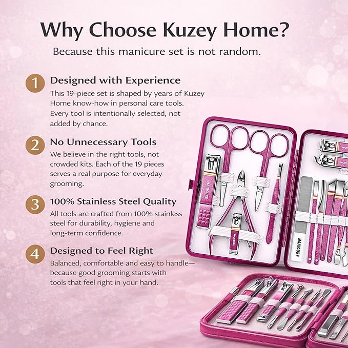 Manicure Pedicure Set, 19-Piece Premium Stainless Steel Grooming Kit Crafted with Care – Professional Nail Clippers & Tools with Travel Case for Men & Women