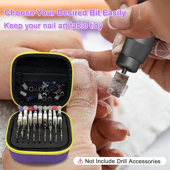 81 Holes Nail Drill Bit Holder, Nail Bits Display Container, Dustproof Portable Organizer Storage Bag, Efile Nail Bits Professional Manicure Tools, for Manicure Tools (ONLY CASE) (Purple+Yellow)