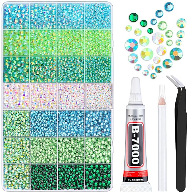 20000Pcs Green Rhinestones for Bedazzling with 1Pcs B7000 Jewelry Glue, Resin Rhinestones for Crafting Crafts DIY, Bedazzler Kit Gems for Clothing Shoes Tumblers Nail Art Assorted Size 3/4/5/6mm