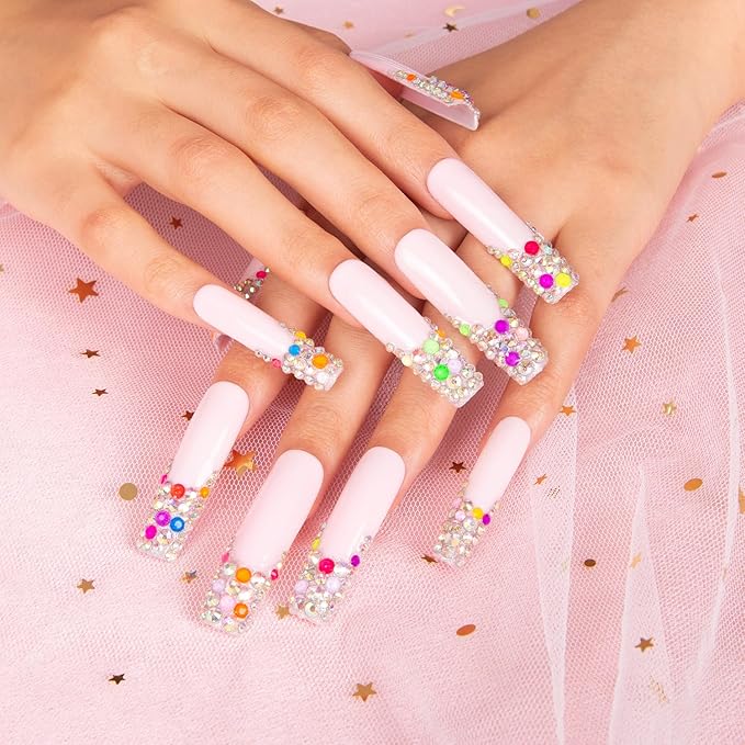LOVFUL Press on Nails Jelly Beans | Handmade with Full Covered Crystals | Reusable Fake Nails | Square Mid length 1.7in | H125-S