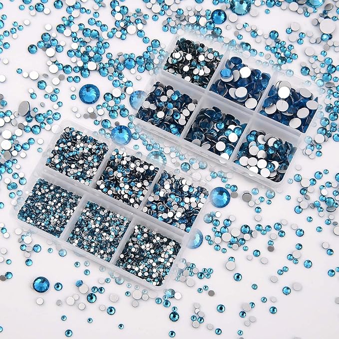 NCB 8000pcs Non Hotfix Rhinestones 10 Sizes Flatback Crystal Glass Rhinestones with Tweezers and Picking Pen for Nail Art Clothes Bags Phone Decorations Crafts DIY (007 Blue Zircon Mix SS3-SS30)