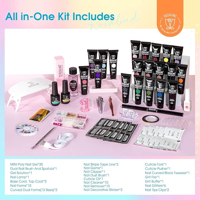 ROSALIND 20 Colors Poly Nail Gel Kit with Mini Nail Lamp Glitter Christmas Poly Nail Gel Kit Collection with Tools Clear All Seasons Classic Colors Halloween Starter Kit