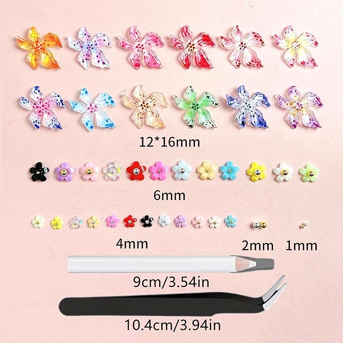 3D Flowers Nail Charms Kit, Colorful Hawaii Flower Nail Charms and Gems Cute Hibiscus Floral Charms for Nail, Spring Flowers for Nails Design with Caviar Beads for Nails Art Charms DIY Crafts