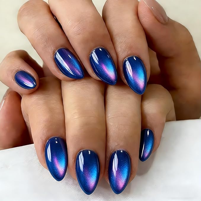 Chrome Royal Blue Press on Nails Short Almond, Glazed Cute Fake Nails with Sparkle Mirror Design, Cat Eye Glitter Glue on Nails Stiletto, Gel Nail Press ons with Glue for Fingernail 30 Pcs