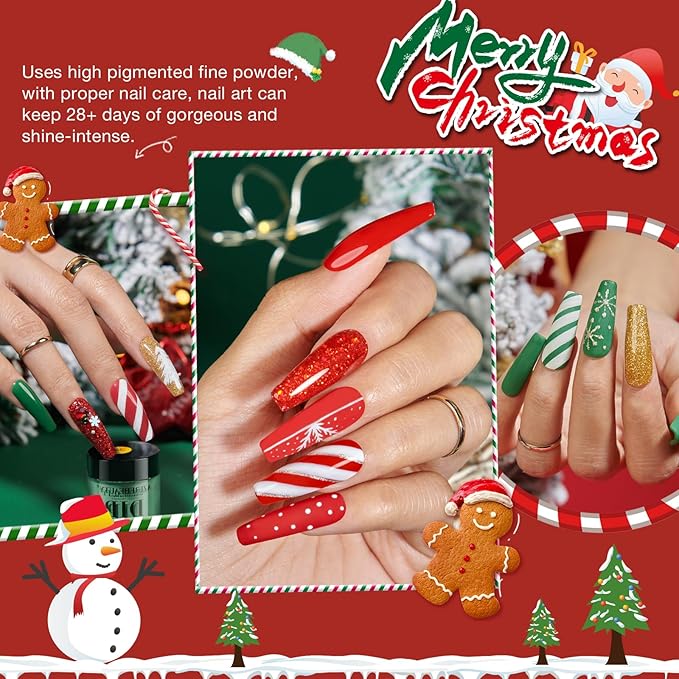 AZUREBEAUTY Christmas Dip Powder Nail Kit, 4 Colors Red Green Gold Glitter Dipping Powder System Liquid Set Recycling Tray, French Nail Art Base & Top Coat Activator DIY Salon.