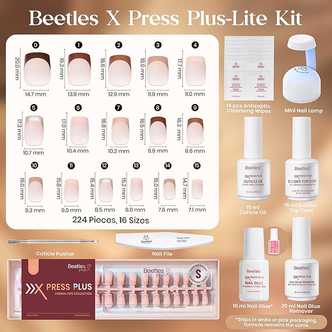 Beetles Pess On Nails Kit-Mocca Mousse French | 7 Colors Short Square French Tip Press On Nails | 224Pcs 16 Sizes All-in-One Kit Winter Nails With Nail Glue,Remover,Builder Top Coat,Nail Lamp