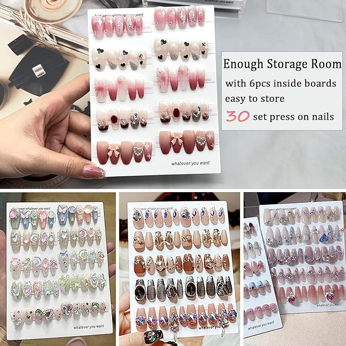 Press On Nail Organizer 6 Layer Acrylic Press On Nail Storage Box Large Nails Art Display Board for Fake Nails Storage Case Nail Display Salon Supplies with Tape