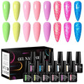 MEET ACROSS Builder Gel Nail Polish 12 Pcs Macaron Rubber Base Gel Polish 3 in 1 Pastel Pink Purple Green Strengthener Swirl Thread Effect Blue Red Soak Off U V Nail Art DIY