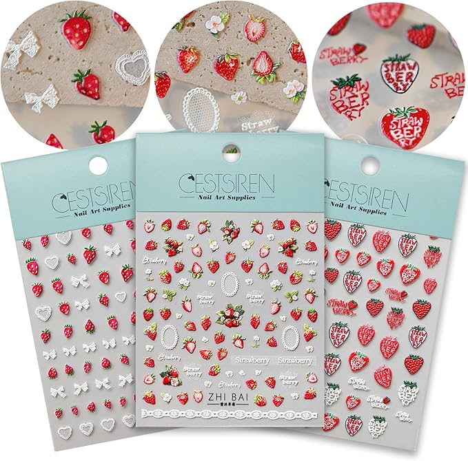 Strawberry Lace Nail Art Stickers 3D Embossed Nail Decals for Nail Art Design Self-Adhesive Nail Accessories for Women Nail Art Supplies 3 Sheets