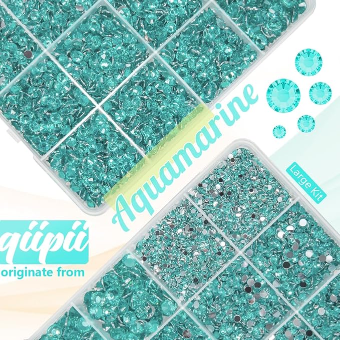 Aquamarine Resin Rhinestones w B7000 Glue for Bedazzling Crafting 2mm-6mm Lake Blue Flatback Stones Diamonds Crystals Gems Bedazzler Kit for Nails Face Eyes Makeup Tumblers Bottles Crafts Shoes