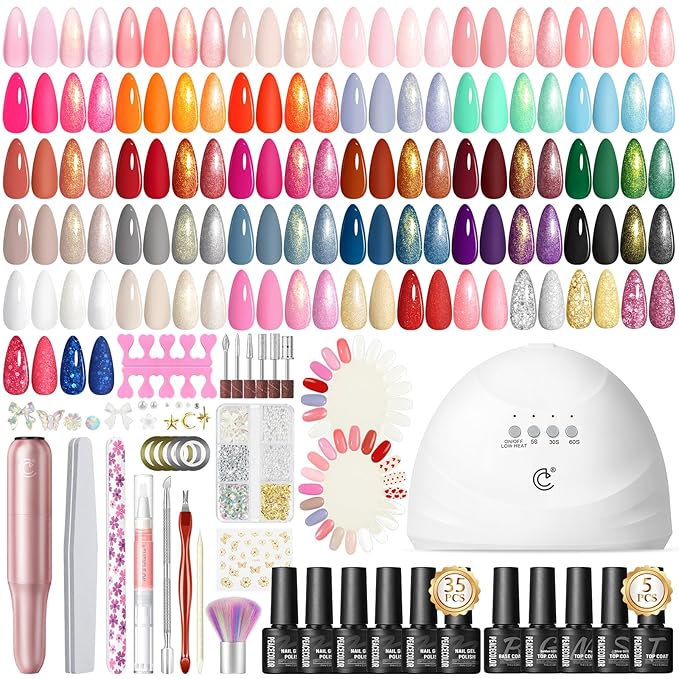 Peacecolor 65PCs Gel Nail Polish Kit with U V Light and Drill, 35 Colors Gel Nail Kit 5PCs Matte/Glossy/Glitter Top Base Coat Nail Rhinestones Manicure Tools Starter Kit Gifts for Women DIY