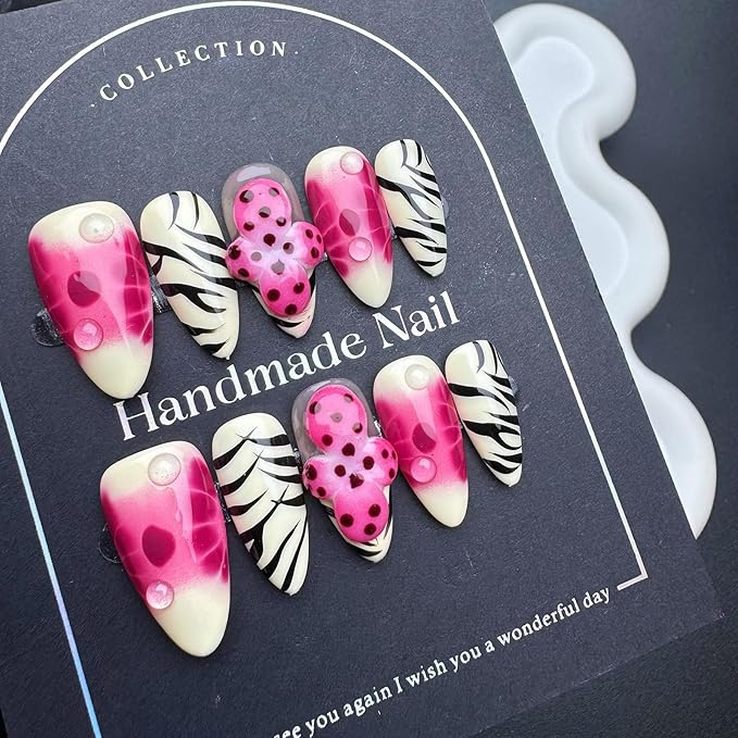 100% Handmade Press on Nails Medium Almond Handmade Nails with Rose Pink Flower Charm Design Glossy Ombre White Fake Nails Zebra-stripe Nail Press ons Reusable Spring Summer Nails for Women L 10Pcs