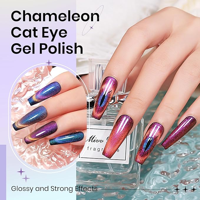 Moonlight Cat Eye Gel Nail Polish and Chameleon Magnetic Nail Polish Cat Eye Gel 12 Colors Cateye Gels Polish with Magnetic Stick Galaxy Wide Cateye Effects for Home DIY Manicure