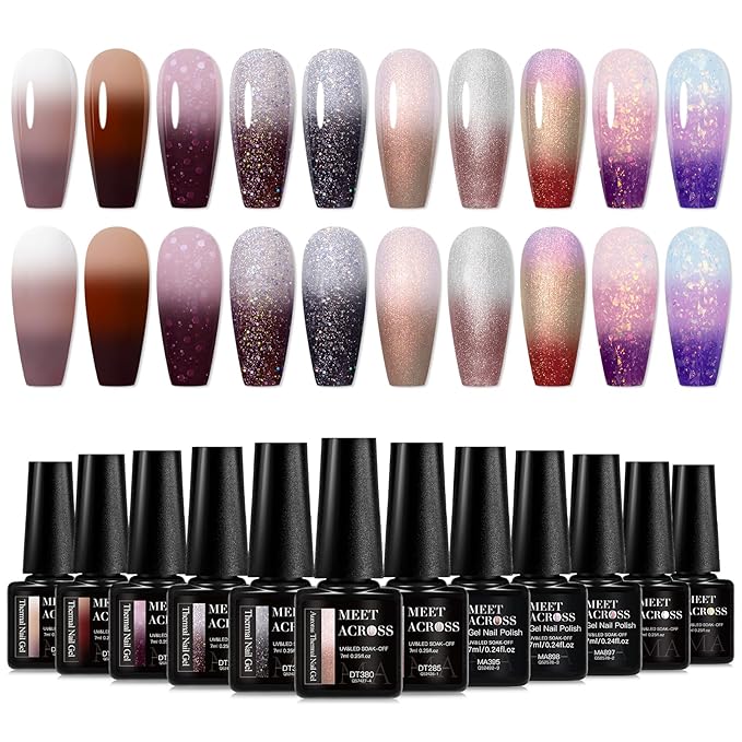 MEET ACROSS Color Changing Gel Nail Polish Set, 12 PCS Shimmer Glitter Mood Temperature Change Colors Kit, Black Brown Gray Purple UV Thermal Manicure Gel Gift