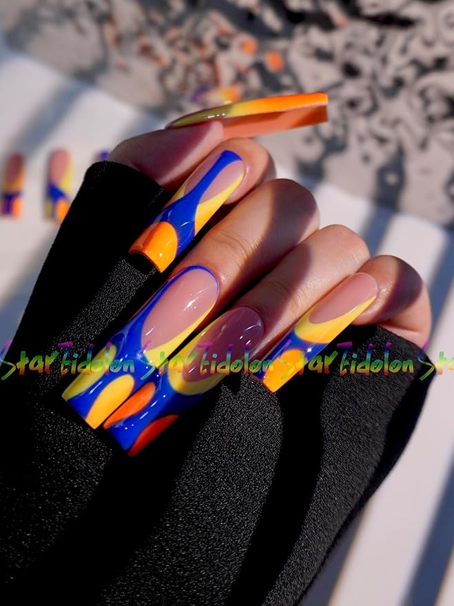 HAND-PAINTED White Press Ons Neon Small Press on Nails Long French Press on Nails Coffin Medium Short Nail art Fake Nail Art Kit with 7g Glue on Nails Handmade Almond Square Nails (TJ-10, Small)