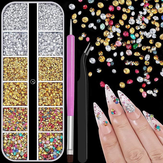 4200 Pcs Nail Art Rhinestones Kit,2-3mm Shiny Gold/Silver/Mixed Colors Rhinestones,3D Pointed Bottom Nail Gems with Tweezers and Dual-end Brush for Manicure DIY Crafts Face Makeup(26-K1-pointed-GS)