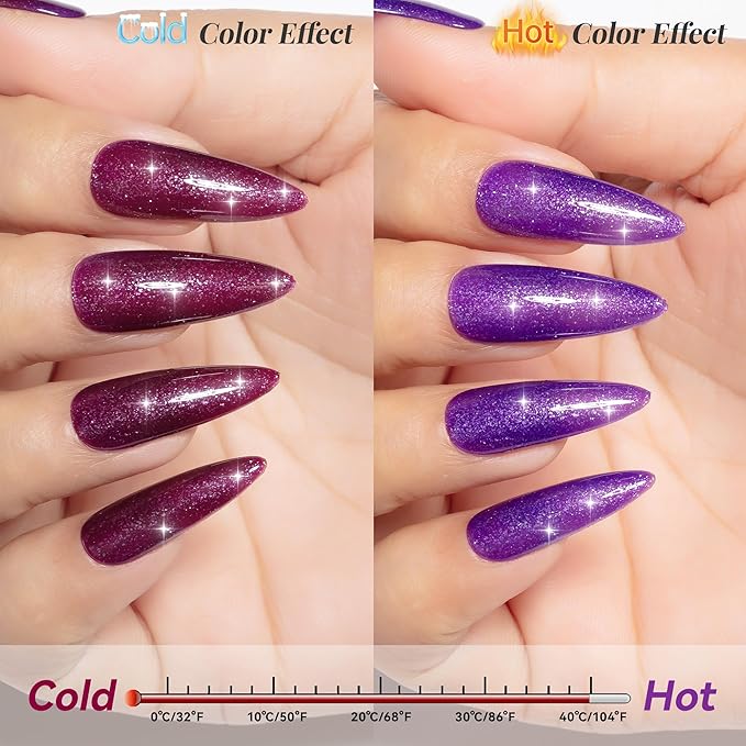 YTD Likomey Color Changing Gel Nail Polish,15ml Purple To Dark Wine Red Glitter Mood Temperature Change Colors Fall Winter Thermal Manicure UV Nail Gel,HEMA Free WB503