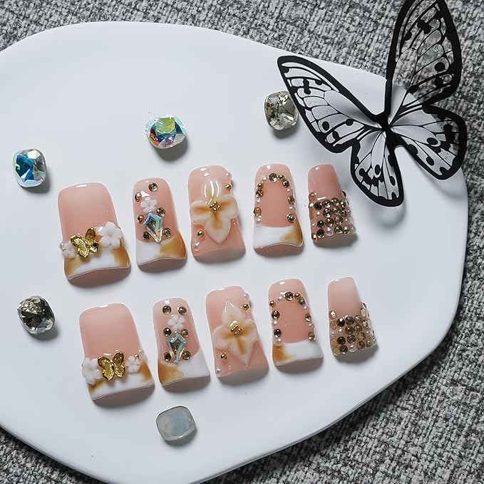Short Duck Press on Nails Handmade 3D Flowers Butterflies Designs Nude Pink False Nails White French Tip Thick Acrylic & Muti-Layer Stick on Nails for Women Nails Art(Sunflowers,M)