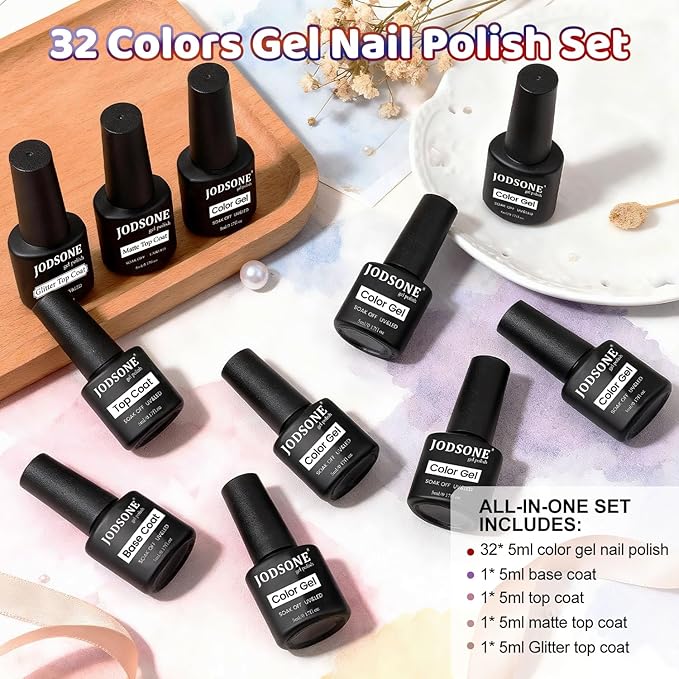 JODSONE 32 Colors Gel Nail Polish Kit with U V Light Base Coat Matte Glitter Top Coat Soak Off Manicure Tools Manicure Salon DIY at Home