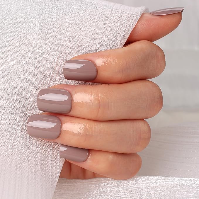 Brown Press On Nails Short, Glossy Soft Gel Press On Nails Square, 15 Sizes - 30 Fake Nails Kit, Thick Natural Reusable Stick On Nails for Women