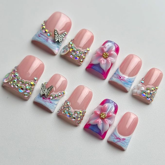 Luxury Press on Nails Short Duck Handmade 3D Unique Reusable ABS Material Fake Nails French Tip False Nails with Designs Flower Butterfly Blue Pink Glossy Glue on Nail Thick Acrylic Nail(M)