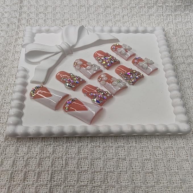 Handmade Nails Duckbill Shape Sweet Luxury Style Peach Pink White Base 3D Bow Charms Iridescent Rhinestone Delicate Pattern Glossy Surface Fashion Manicure Press on Nails 10 pcs (M)