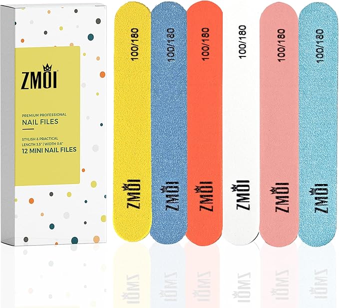 Professional Mini Nail File – 12 Stylish - Practical Fingernail File Pack for Natural and Acrylic Nails 100/180 Emery Boards (Peacock Color)