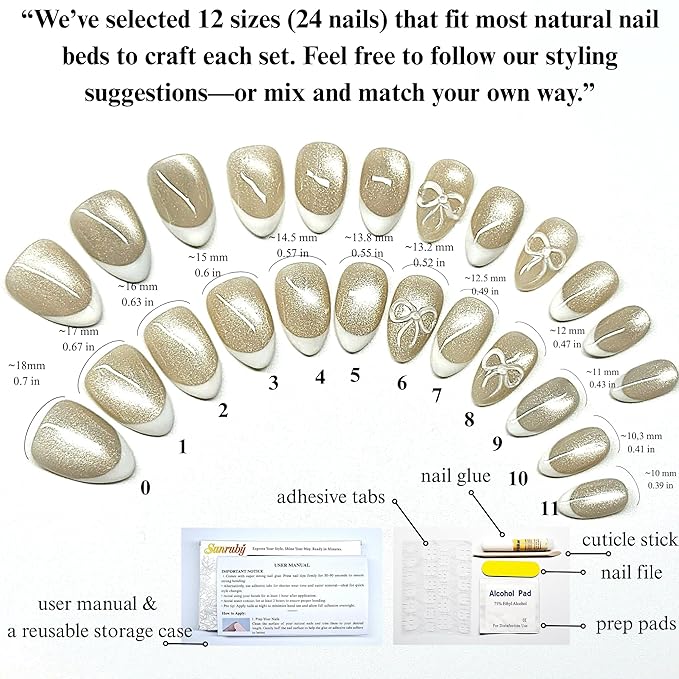 Press On Nails Short Almond Pearlescent Shimmer Cat Eye with French Tip White 3D Bow|Reusable Soft Gel Nails in 12 Sizes-24 Nail Kit with Glue|Designed in L.A, Handmade in Vietnam|Pearl Belle