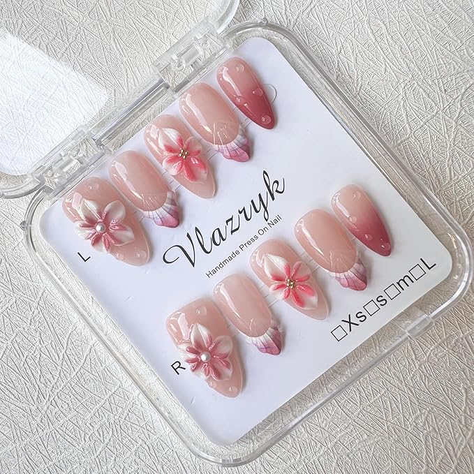 Flower Press on Nails Medium Almond - 3D Water Ripple Pearl False Nails with Floral Embossed French Tip ，Luxury Handmade Nail Art ，Glossy Thick Acrylic Fake Nails (10PCS)