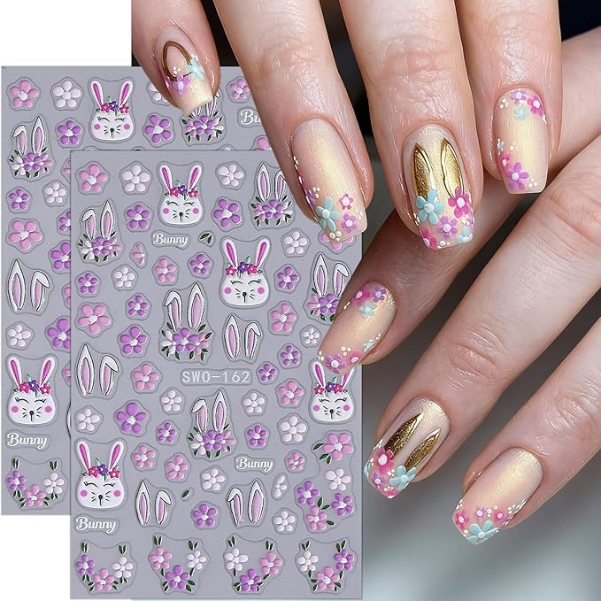 2 Sheets Easter Nail Stickers for Nail Art Cartoon Rabbit Nail Art Stickers Embossed Spring Flower Nail Decals 3D Self-Adhesive Rabbit Ears Flowers Easter Bunny Nail Design Decals for Women