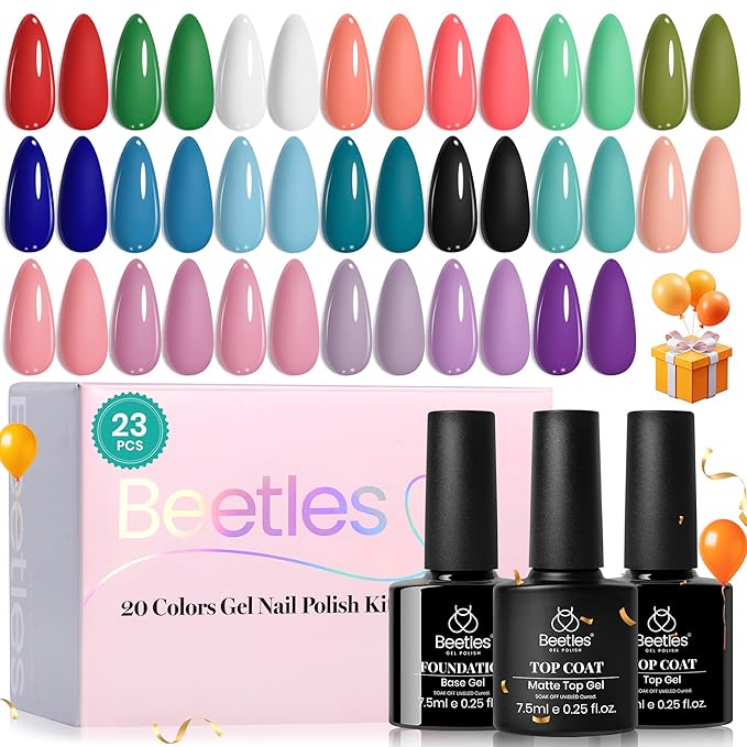 Beetles Spring Gel Polish Set - 20 Colors Red Green White Black Nude Spring Gel Nail Polish with Base Top Coat Trendy Colors Uv LED Lamp Salon DIY at Home Nails Gifts for Women Vibrant Subtle