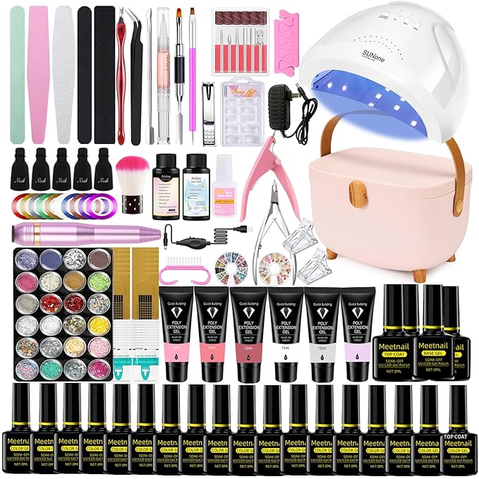 Gel Nail Polish Kit with 48W UV Lamp, 22pcs nail polish with Base Coat and Top coat, 6 Colors Extension Poly Nail Gel set，Nail Drill & More,Professional Manicure Tool for Home DIY Salon