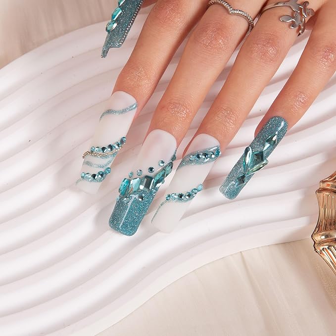 LOVFUL Press on Nails Breakfast at| Handmade with Full Covered Crystals| Reusable Fake Nails| Square Mid length 1.7in| H41-S