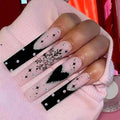 24pcs Black Long Square French Tips Press On Nails with Snowflakes, hearts and stars for Themed Costumes, Reusable Nail Kit with Nail Adhesive Tabs Mini Nail File, 12 Sizes (Black)
