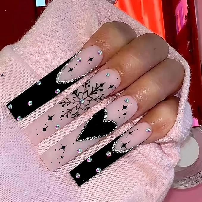 24pcs Black Long Square French Tips Press On Nails with Snowflakes, hearts and stars for Themed Costumes, Reusable Nail Kit with Nail Adhesive Tabs Mini Nail File, 12 Sizes (Black)