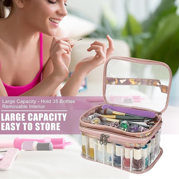 VOCOSTE Nail Bag - Pink Carrying Case for 35 Bottles, Art Organizer & Travel Storage