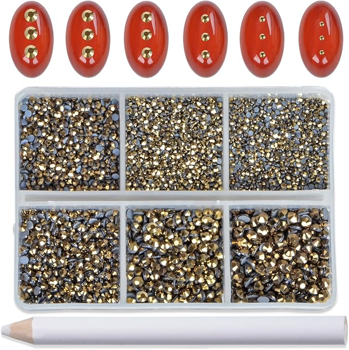 Bymitel Hotfix Crystal Rhinestones Round Gems for Crafts,Mixed 6 Sizes with Wax Pencil Kit, Aurum1.3-3.2mm(SS3-SS12/8000pcs)