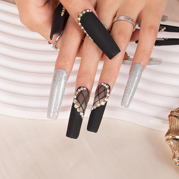 LOVFUL Press on Nails Black Lace| Handmade with Full Covered Crystals| Reusable Fake Nails| Square Mid length 1.7in| H114-L