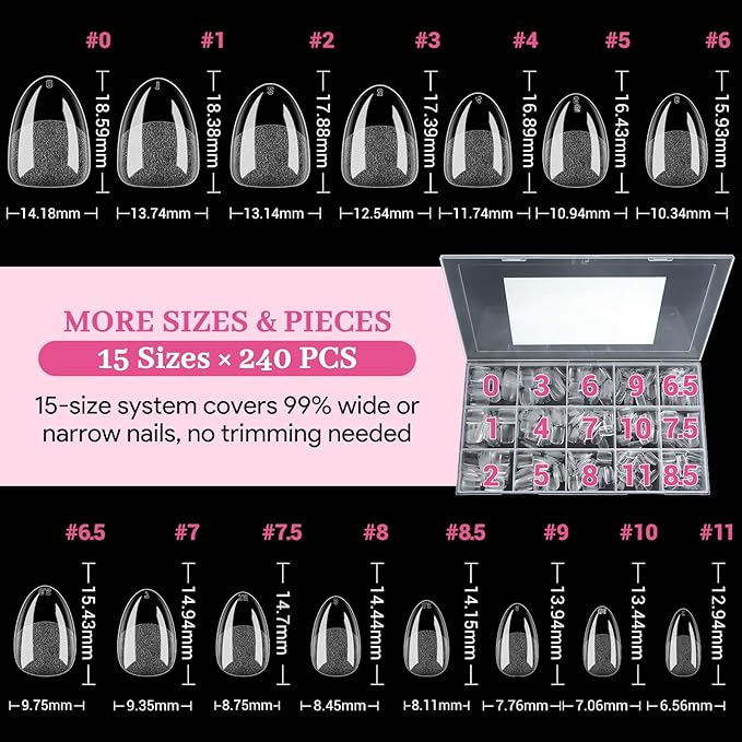 Extra Short Almond Fake Nail Tips, 15 Sizes 240 PCS Clear Half Matte Press On False Nail Tips Pre-shaped Full Cover Gel Nail Acrylic Soft Tip Extensions Thick Long Lasting for Home DIY Nail Salon