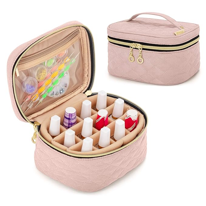 Yarwo Nail Polish Organizer Bag Holds 12 Bottles (15ml/0.5 fl.oz), Travel Carrying Case for Nail Polish and Manicure Kit, Dusty Rose (Bag Only, Patent Pending)