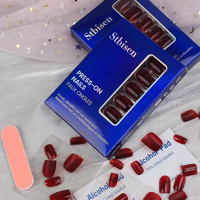 Burgundy Press On Nails Short Square Shape, Glossy Gel Finish Acrylic Fake Nails Kit, Reusable Glue On Nails, Long-Lasting, Natural Stick-On Manicure Set for Women, 24pcs DIY Elegant Nails