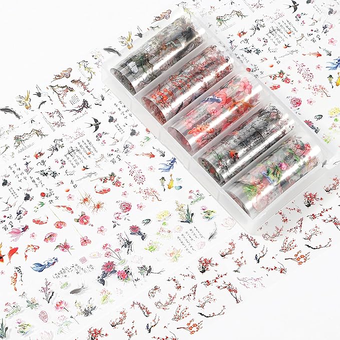 DANNEASY 15 Rolls Nail Art Foil Transfer, Landscape Painting Nail Foil Wraps Bamboo, Flowers, Cranes, Plum Blossoms Stickers Starry Sky Holographic Nail Foils for Women Nails Supplies