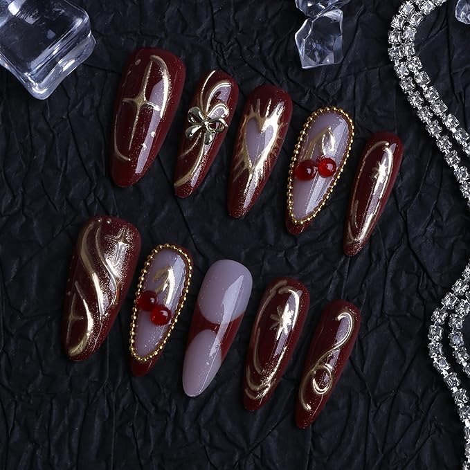 Valentines Long Press on Nails Almond Fake Nails Red Artificial Nail with Cherry and Gold Charm Designs Love Heart SEENEEY Stick on Nail for Women 30pcs