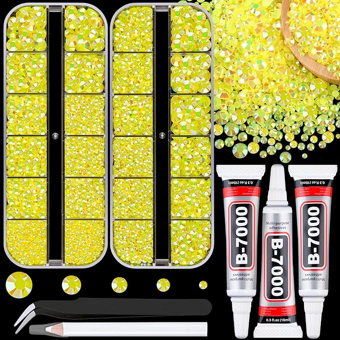 Resin Jelly Rhinestones for Crafting with B7000 Jewelry Glue, 2 Boxes Lemon Yellow AB Flatback Crystals with 3Pcs 10ml Glue, Bedazzling Non Hotfix Gems for DIY Tumblers Clothing Shoes Manicure