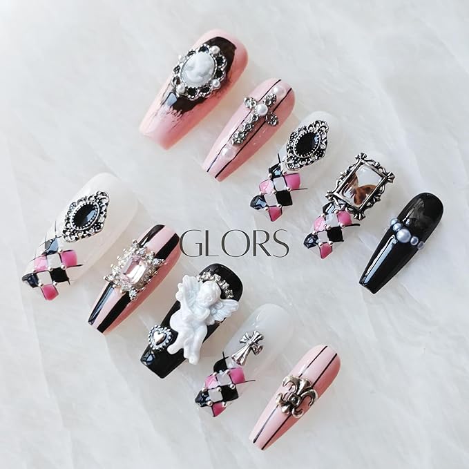 Gothic Press-on Nails, Long Coffin Shape, Pink Black White, 3D Decorative Gems and Charms, Handmade False Nail 10 Pieces (Medium,LB)