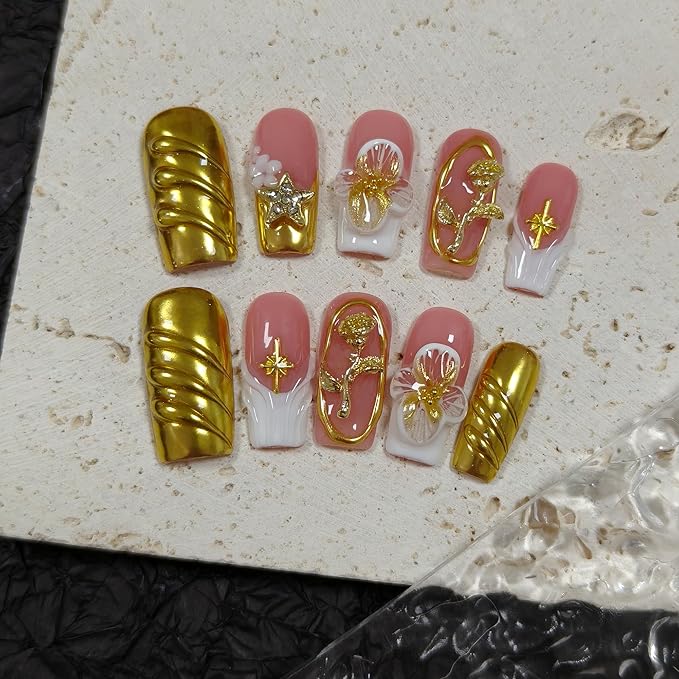 Luxury Handmade Press on Nails Medium Long Square,Sheer French Tips White Gold Fake Nails For Women Girls,3D Rose Embossed Glossy False Nails for Parties Daily Vacations(M)