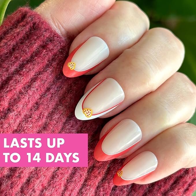 Olive & June Instant Mani Press-On Nails (Glue) | 42 Fake Nails, 21 Sizes | Non-Toxic, Long-Lasting Recycled Materials Realistic Look | Salon-Quality at Home | Medium, Almond | I Heart Pizza French