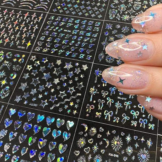 90 Sheets Nail Stickers for Valentine's Day Nail Art Decals 3D Self-Adhesive Heart Star Flower Nail Supplies Charms with Nails Tweezer for Women Nails Decoration