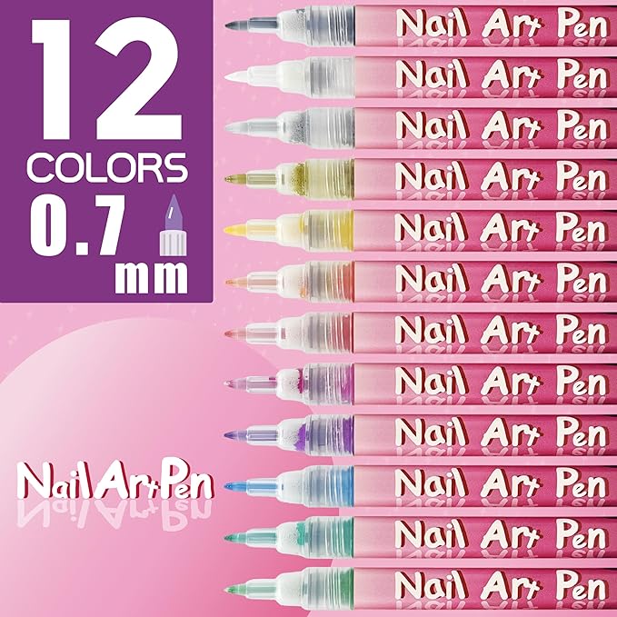 12 Colors Nail Art Pens Set 3D Nail Polish Pens Graffiti Dotting Pen Acrylic Paint Pens Point Liner Pen Drawing Painting for Nails Art Design Manicure Nail DIY Decoration (Multi-color B)