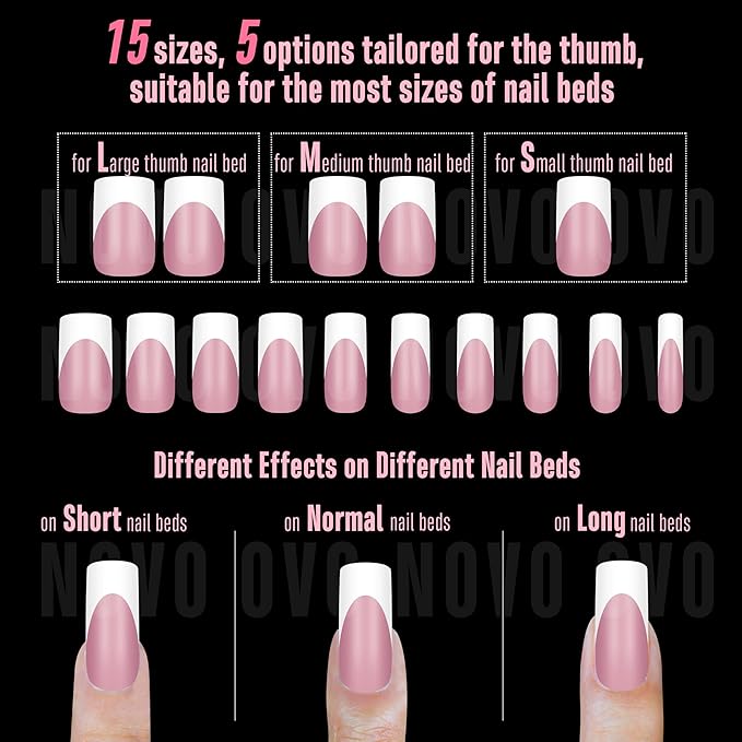 NOVO OVO Halloween Medium Slightly Curved White French Tip Nail Tips BERRY PINK Full Cover for Press on Acrylic, Extra Thick Soft Gel False Nails, Need Builder Gel Top Coat for DIY x 15 Sizes 240 pcs
